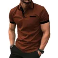 Men's short sleeve polo shirt in brown with black contrast trim casual summer top for men - S / Tops / Brown