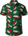 Herren Weihnachten Kurzarm Hemd mit Weihnachtsmütze Druck festliche Freizeitoberteile - 3XL / Oberteile / Grüner Weihnachtsmütze Druckstil (HJDXCS-9)