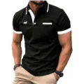 Men short sleeve polo shirt black with white contrast collar casual slim fit summer top - S / Horse Pattern Top / Black