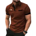 Men's short sleeve polo shirt casual brown summer top with contrast black collar and horse logo. - S / Horse Pattern Top / Brown