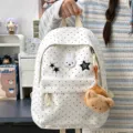Japanese polka dot bunny backpack detail, cute canvas school bag with plush bear pendant. - White Small + Flying Rabbit