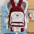 Japanese style sweet plaid backpack with cute bunny plush, lace trim, casual school bag. - Rabbit Pendant Style / Red