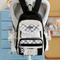Sac à dos décontracté de style japonais pour étudiants, cartable à carreaux et dentelle - Style Pendentif Lapin / Noir