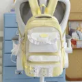 Sac à dos étudiant style japonais doux avec peluche lapin mignonne, volants et carreaux. - Style Pendentif Lapin / Jaune