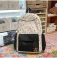 Cute star print backpack with black front pocket and bear patch, stylish school bag for girls. - No Pendant / Black