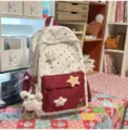Sweet star embroidery canvas backpack, cute soft girl casual school book bag with plush pendant. - Flying Rabbit + 3 Stars / Red