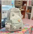 Sweet mint star embroidered canvas backpack with fluffy dog pendant for daily school travel. - Flying Rabbit + 3 Stars / Green