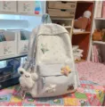 Cute blue and white star backpack sweet girl school bag with plush toy and star patches. - Flying Rabbit + 3 Stars / Blue