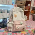 Sweet style canvas backpack with cute star print and plush bear pendant for daily use and school - Flying Rabbit + 3 Stars / Pink
