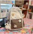 Sweet star embroidered canvas backpack with cute plush pendant, casual daily travel school bag. - Flying Rabbit + 3 Stars / Coffee