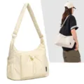 Beige plaid shoulder bag with front drawstring pocket, stylish casual daily crossbody purse - No Pendant / Yellow