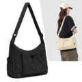 Grid pattern shoulder bag with drawstring front pocket, casual daily underarm bag style. - No Pendant / Black