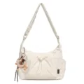 Casual casual canvas shoulder bag with front drawstring pocket and cute plush keychain accessory. - With Pendant / Off White