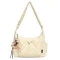 Casual nylon shoulder bag with front drawstring pocket and cute plush charm for women daily use - With Pendant / Yellow