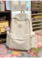 White quilted backpack with multi pockets casual daypack stylish school book bag for women - No Pendant / Off White