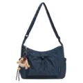Blue plaid shoulder bag with front drawstring pocket, adjustable strap and plush toy. - With Pendant / Blue