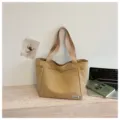 Sac cabas en toile à carreaux beige pour femme, sac à épaule décontracté avec poche zippée. - Kaki