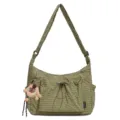 Olive green crinkled nylon shoulder bag with drawstring front pocket and cute plush keychain. - With Pendant / Green