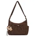 Brown plaid shoulder bag with drawstring front pocket and cute plush keychain accessory. - With Pendant / Brown