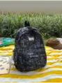 Black star print canvas backpack casual school bag stylish student bookbag outdoor travel daypack - Black Small (Without Pendant)