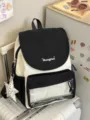 Sac à dos style collège en toile avec poche transparente variante crème et noir. - Noir + Pentagramme à Pois