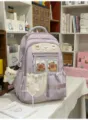 Sac à dos de dessin animé mignon et décontracté violet avec poche transparente pour l'école - Pendentif Ours Gourmand / Violet
