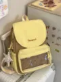 Sac à Dos Collège Jaune Pastel Marron Mignon Sac d'École Quotidien avec Poche Transparente - Jaune + Pentagramme à Pois