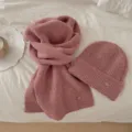 Ensemble écharpe et bonnet en tricot rose pour femmes automne hiver chaud douillet uni - Ensemble en Maille (Spéc. Écharpe) / Rose Poudré