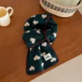 Cozy dark green knitted scarf with white hearts and brown edge, warm winter fashion accessory. - Overlock Heart / Dark Green