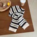 Detail view of a cozy black and white striped wool knit scarf on a wooden table, winter fashion. - Tri-Color Striped Cross Scarf / Black and White