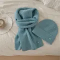 Ensemble écharpe et bonnet en tricot couleur unie épais chaud hiver deux pièces bleu. - Bleu Denim Clair