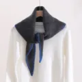 Dark grey knitted triangle scarf with blue contrast stitching, stylish winter warm shawl. - Geometric Blue / Dark Gray