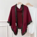 Femme Vintage Frange Tricot Châle Cape Automne Hiver Élégant Croisé Poncho Manteau Vêtement - Bordeaux