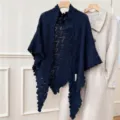 Scialle triangolare in maglia blu scuro con bordo volant, mantella invernale vintage alla moda. - Scialle Triangolare Sopraggitto / Blu navy