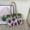 Sac à épaule en tricot avec motif tulipe violette, cabas décontracté pour femme. - Fleur Violette / M