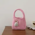 Cute pink knitted handbag with plush rabbit doll, cozy mini tote bag for daily casual use. - Rabbit Doll Style / Sakura Pink