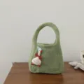 Green knit handbag with cute duck plush decor, stylish mini tote bag for women and kids accessory. - Grass Green