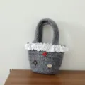 Cute grey knitted handbag with white lace trim and lovely mushroom details, perfect accessory. - Mushroom Decor (Lace Mushroom) / Dark Gray
