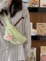 Cute Canvas Chest Bag Light Green Cute Cat Embroidery Sling Bag Casual Crossbody Bag - With Charm / Green