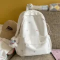 Sac à dos blanc en toile avec étoiles brodées colorées et pendentif mignon pour femmes. - L / Avec Pendentif / Blanc