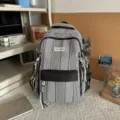 Black and white striped casual backpack with front pocket and chic daily school student design. - Double Shoulder Backpack Single Pack (Without Pendant) / Black