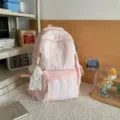 Pink white plaid school backpack for teenage girls student daily casual book bag - Backpack And Plush Pendant / Pink
