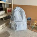 Blue white checkered canvas school backpack with cute lace pendant for teen girls daily use - Backpack And Plush Pendant / Blue