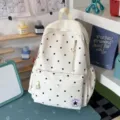 Zaino in tela bianca carino con pois neri, borsa scolastica casual dolce per ragazze e giovani. - Bianco Senza Pendente