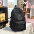 Black student backpack with colorful doodle print, casual daily school bag for teens. - Smiling Star Pendant / Black