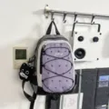 Japanese style gray-blue color block functional hiking backpack, lightweight outdoor camping daypack. - Holding Fish Black Cat Pendant / S / Purple