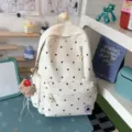 Zaino in tela a pois bianchi Variante borsa scolastica carina per studenti casual - Bianco + Orsetto con cappello rosso