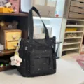 Black canvas tote shoulder bag with colorful star doodle pattern, casual daily student handbag. - Tutoring Bag with Smiling Star Pendant / Black