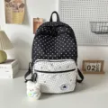 Koreaanse stijl zwart-witte ster print schoolrugzak met schattige berenhanger. - Zwart (Met Hanger)