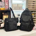 Black school backpack and tote bag set with cute doodle print and plush star pendant. - 2-Piece Set with Smiling Star Pendant / Black